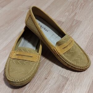 Angolan Women's Woven Fabric and Suede Driving Loafers Mustard Yellow Size 10